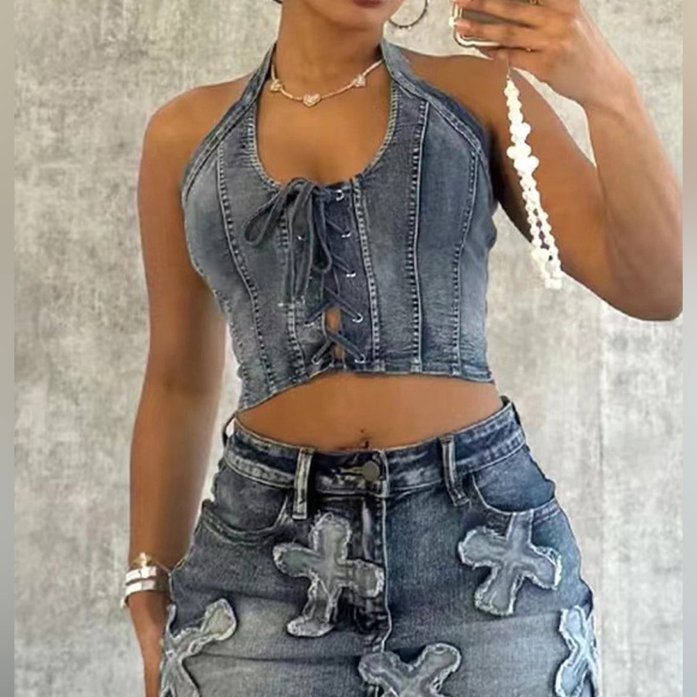 Denim Halter Lace-Up Crop Top and Skirt Set